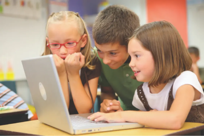 children playing project read AI on a laptop